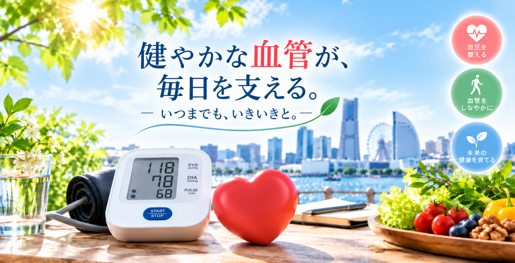朝の光に包まれた横浜の公園を、笑顔で一緒に歩く60代から70代の男女