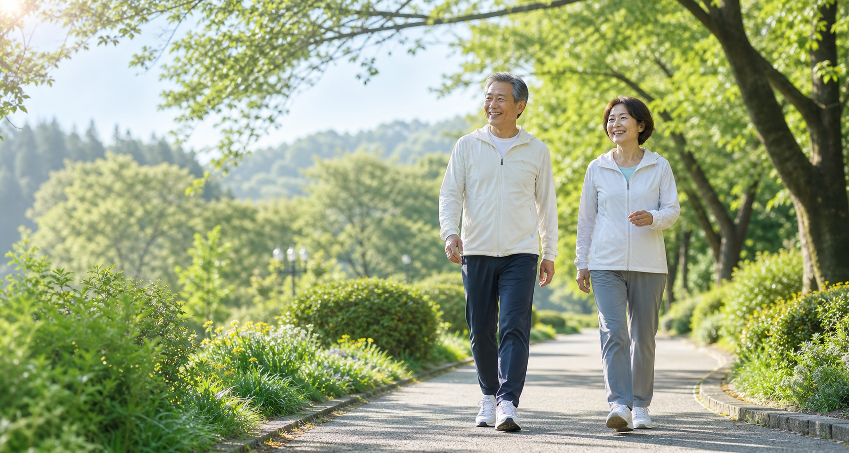 朝日の差す緑豊かな公園を元気に歩く60代から70代の男女