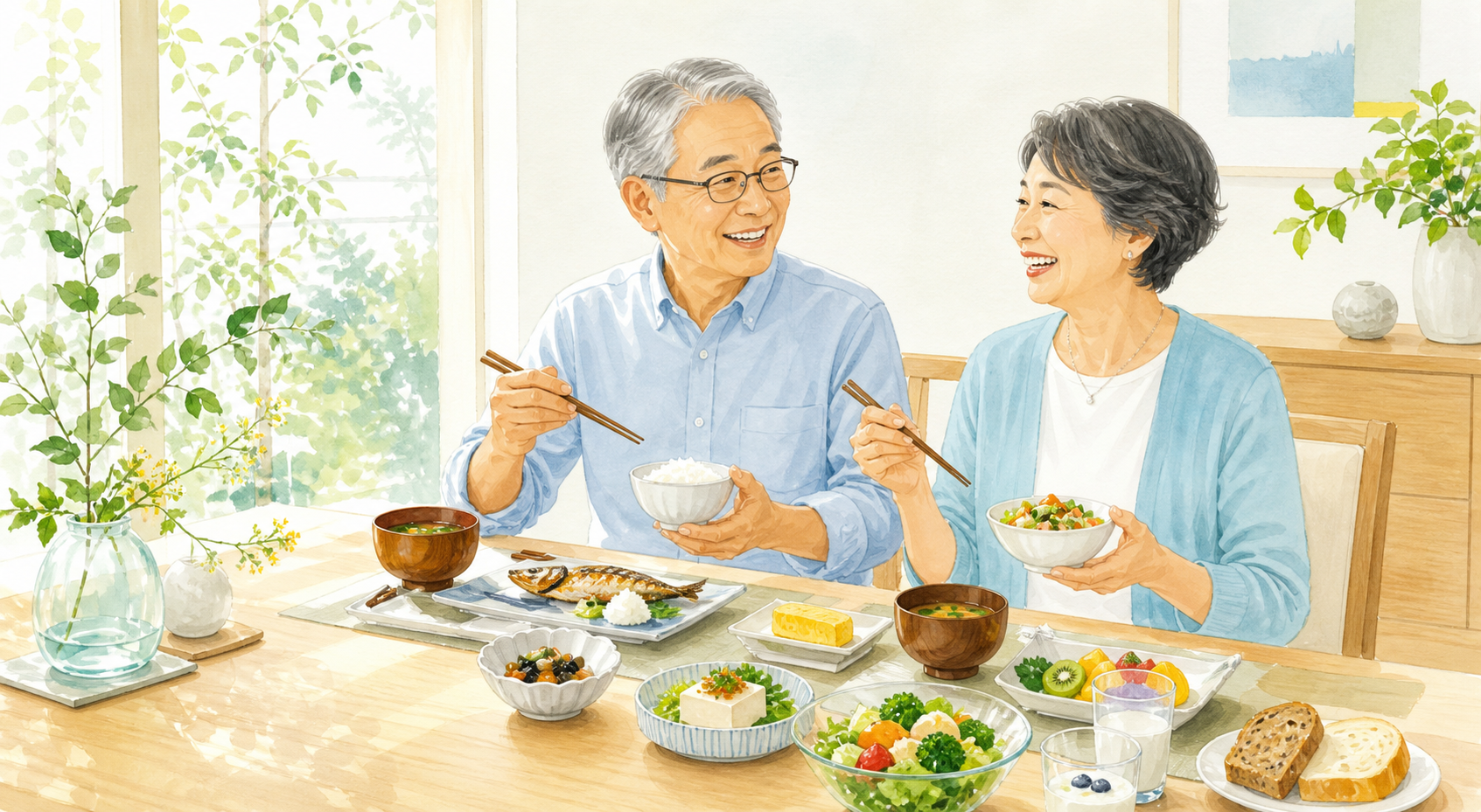 光の入る食卓で彩り豊かな食事を楽しむ60代から70代の男女
