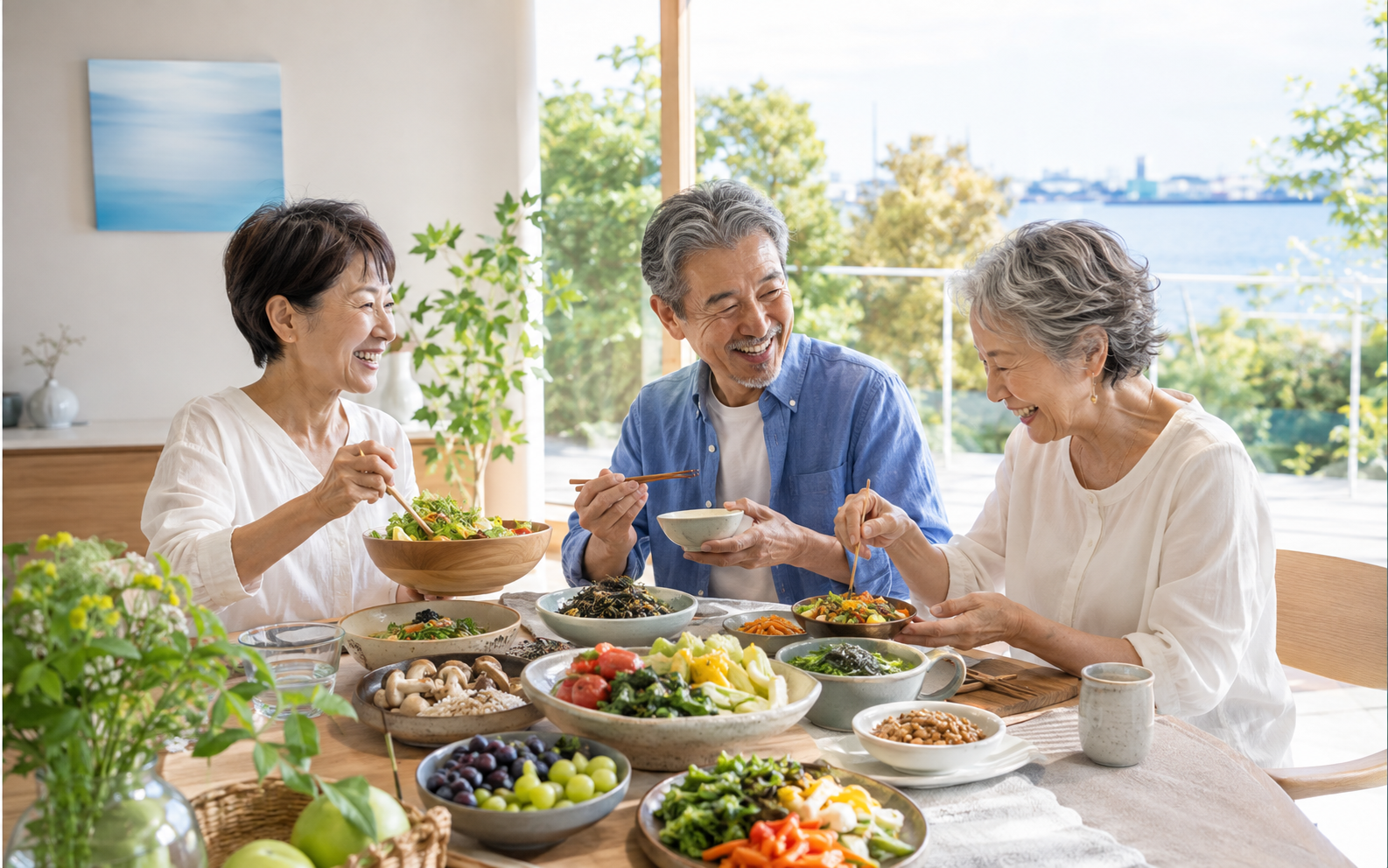 明るい食卓で野菜や豆、果物を囲み、笑顔で食事を楽しむ活動的な60代から70代の人々