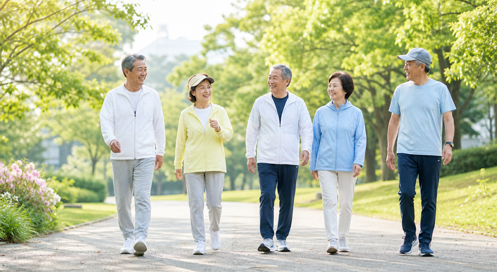 朝日が差す公園を歩く60代・70代の男女