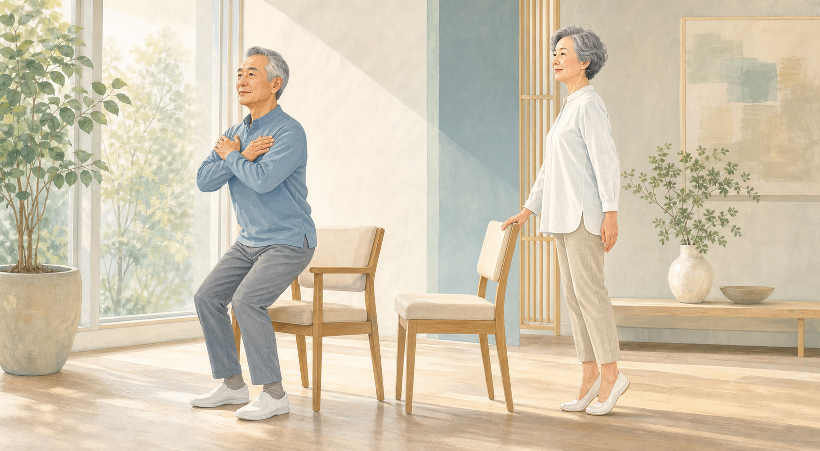 椅子を使って無理のない筋力トレーニングをする70代の男女
