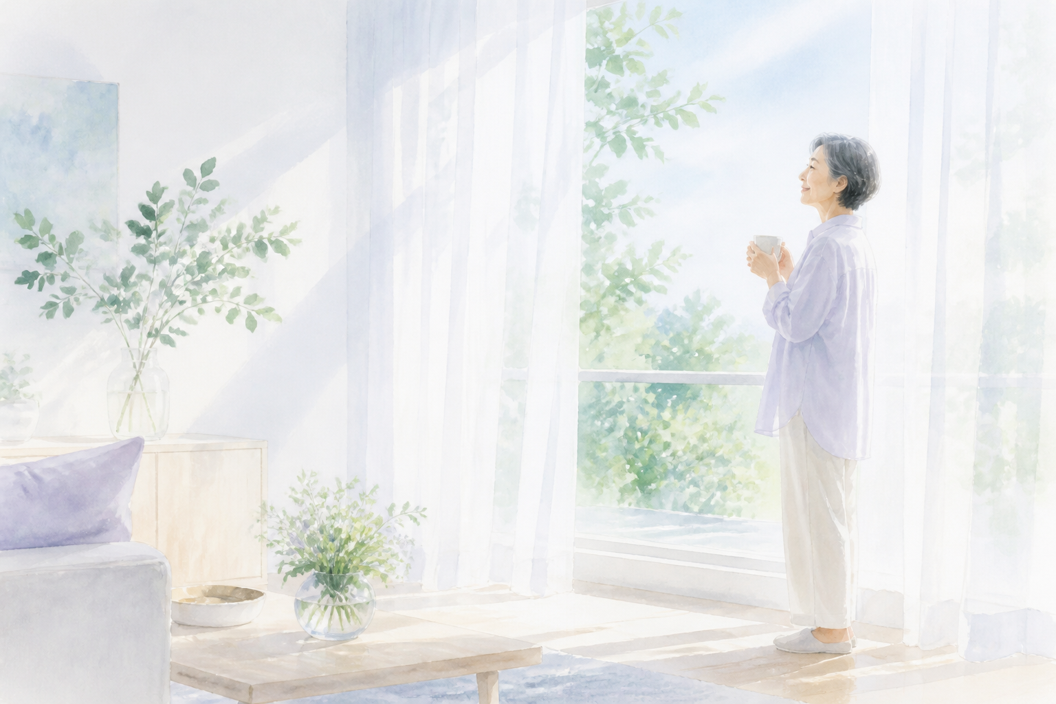 柔らかな朝の光の中で穏やかに朝を迎える女性